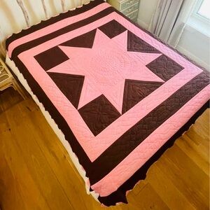 Vintage Pink and Brown Machine-Pieced Hand-Quilted Quilt